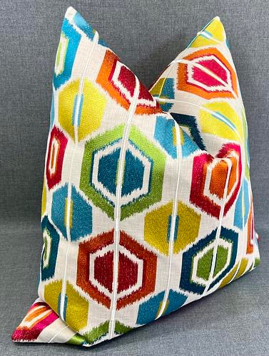 Luxury Pillow -  24" x 24" -  Palm Springs-Modern; hexagons in bright pops of teal, aqua, orange, red, yellow, and green on an ivory background