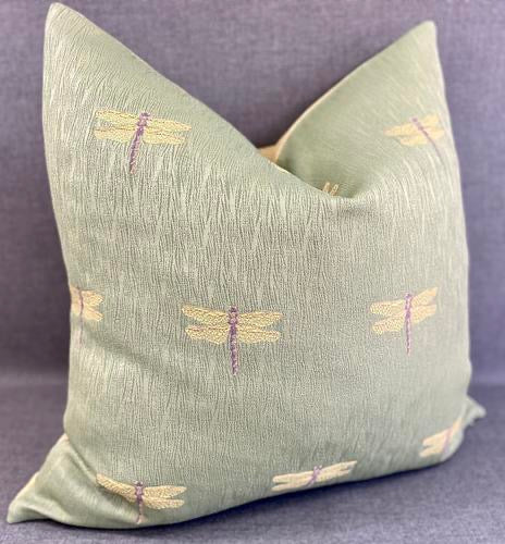 Luxury Pillow -  24" x 24" - Good Luck Dragonfly; Dragonfly embroidered in yellows and browns on a gentle green linen background with a creamy yellow linen back