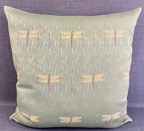Luxury Pillow -  24" x 24" - Good Luck Dragonfly; Dragonfly embroidered in yellows and browns on a gentle green linen background with a creamy yellow linen back