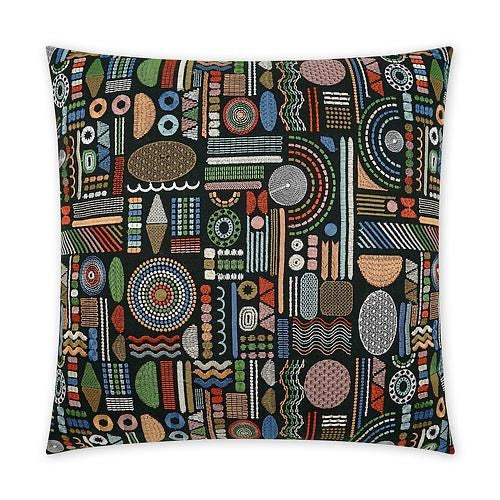 Luxury Pillow -  24" x 24" - Glyphic; incredible embroidered geometric pattern of blacks, copper, red, turquoise, white, and green