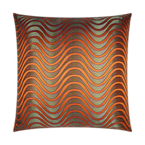 Luxury Pillow -  24" x 24" -  Swell, bright orange wavey stripes over a pearlized green background all in a glamorous shiny fabric