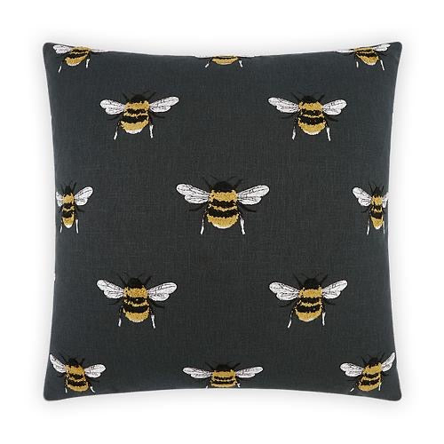 Luxury Pillow - 24" x 24" - Busy Bee-Charcoal; Adorable embroidered bees on a charcoal linen background