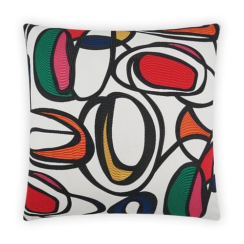 Luxury Pillow -  24" x 24" - Hirst; incredible embroidered swirling lines of black filled with pops of red, yellow, orange, pink, and green on a white background with a black velvet back