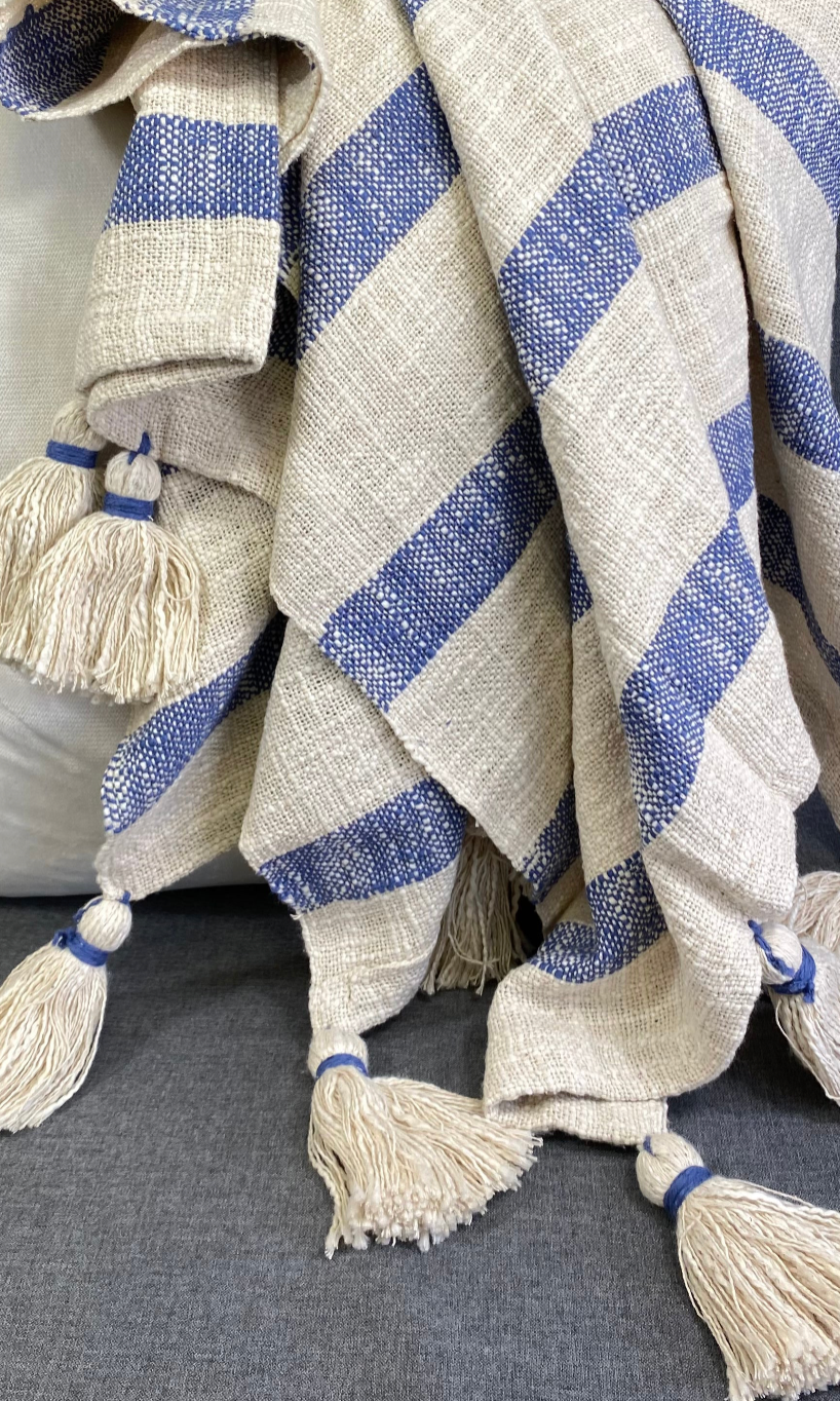 Luxury Throw – 50" × 60" – Striped Tassel Blue