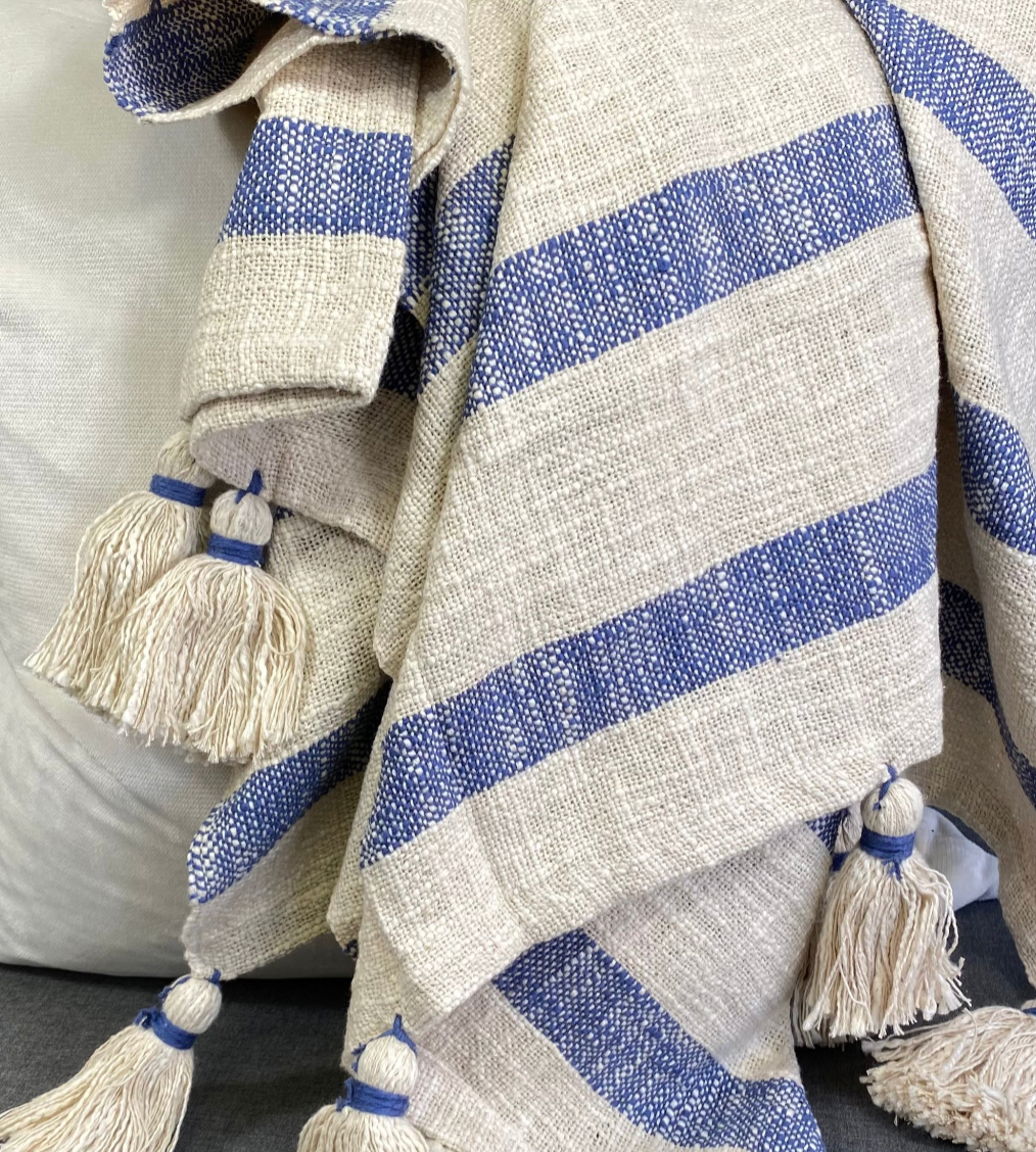 Luxury Throw – 50" × 60" – Striped Tassel Blue