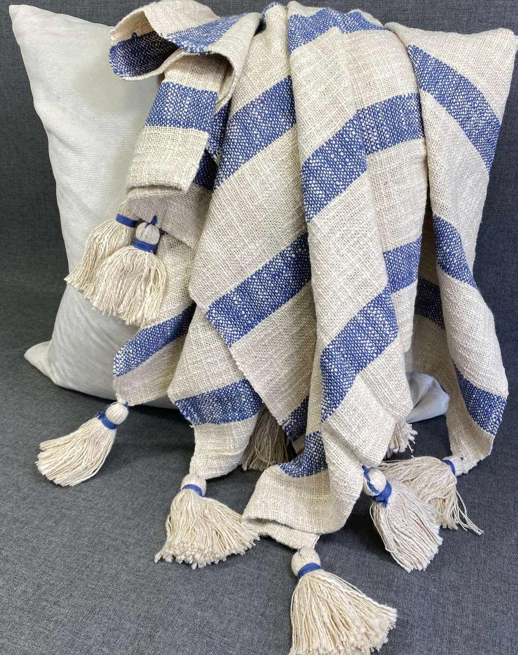Luxury Throw – 50" × 60" – Striped Tassel Blue