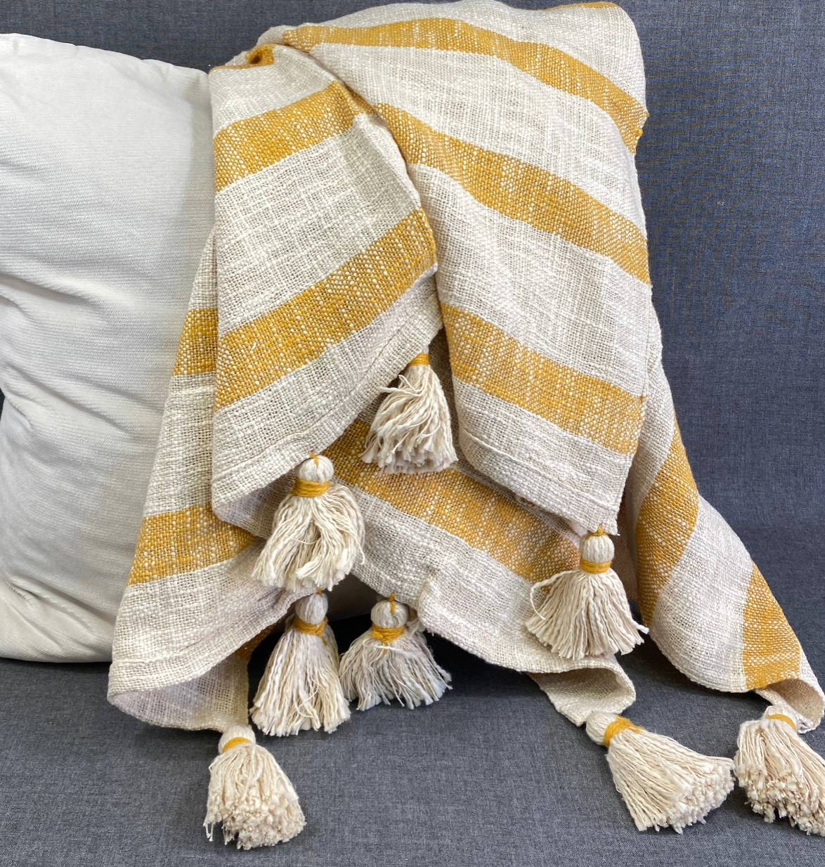 Luxury Throw – 50" × 60" – Stripe Tassel Mustard