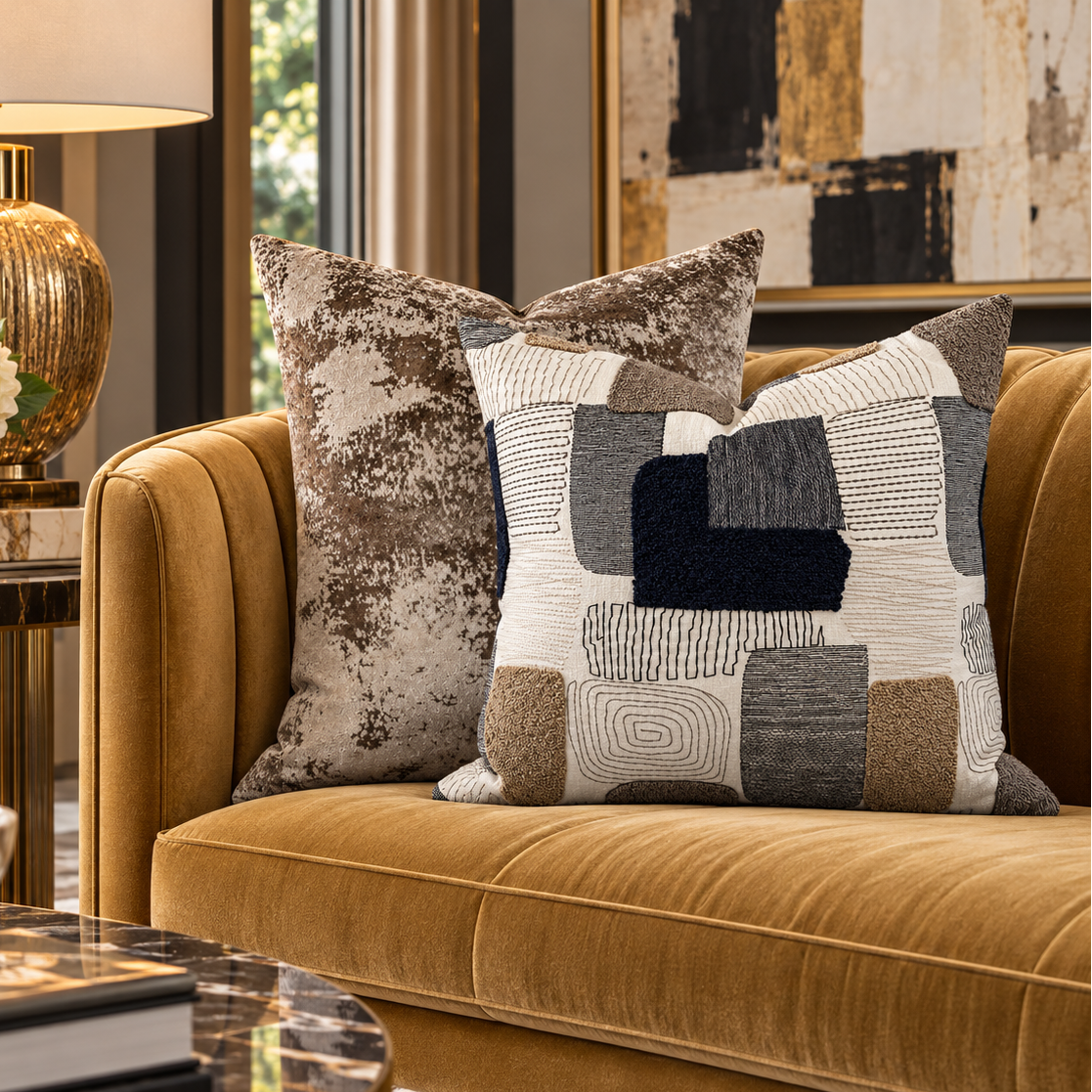 Two decorative throw pillows displayed on a mustard velvet sofa in a styled living room setting. The front pillow features a cream, gray, and navy patchwork geometric pattern with textured and dotted details, while the rear pillow has a distressed brown and beige abstract pattern.