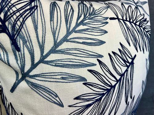 Luxury Pillow - 24" x 24" - Blue Leaves; Gorgeous crisp white linen embroidered with leaves in several shades of blue on both sides