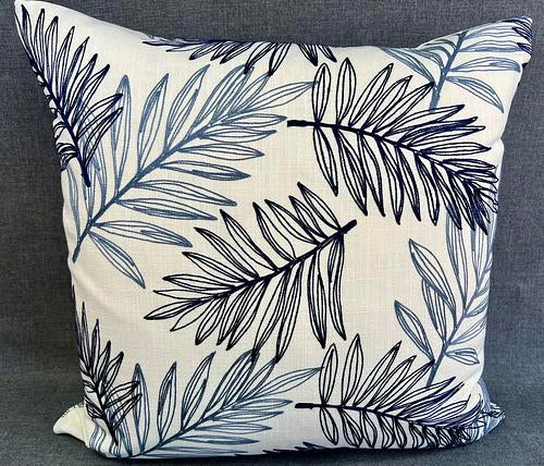 Luxury Pillow - 24" x 24" - Blue Leaves; Gorgeous crisp white linen embroidered with leaves in several shades of blue on both sides