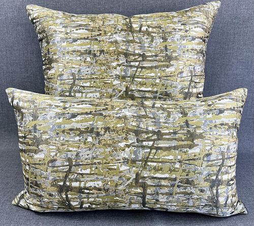 Luxury Lumbar Pillow - 24" x 14" -  Suzie's Abstract; Drips of greens, gold, silver and taupe. same fabric on both sides