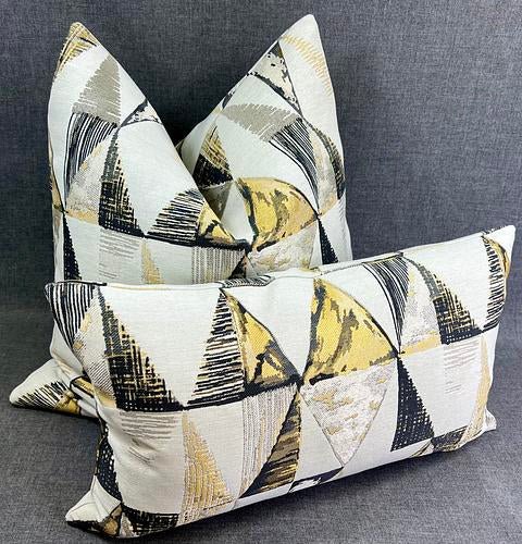 Luxury Lumbar Pillow - 24" x 14" Perspective Lumbar-Golds & Grays in an abstract design embroidered over an ivory background