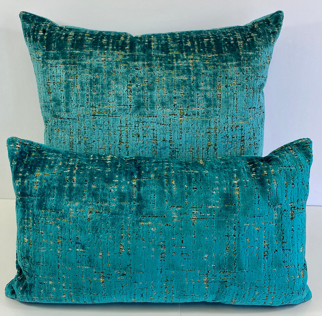 Luxury Lumbar Pillow 24" x 14" - Moonstruck Lumbar-Peacock; Bright Turquoise lush velvet with gold/yellow background