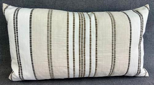 Luxury Lumbar Pillow - 24" x 14" -  Talbert-Sand;   a multi textural linen fabric in shades of tan and embroidered with brown stripes. Same on both sides