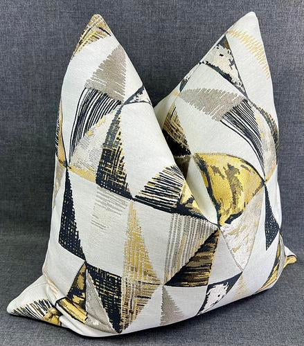 Luxury Pillow - 24" x 24" - Perspective; Golds & Grays in an abstract design embroidered over an ivory background