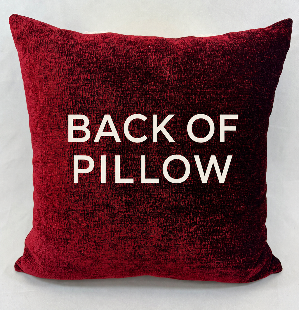 A square red velvet throw pillow with the words 'BACK OF PILLOW' printed in bold white capital letters on the front, set against a light gray background.