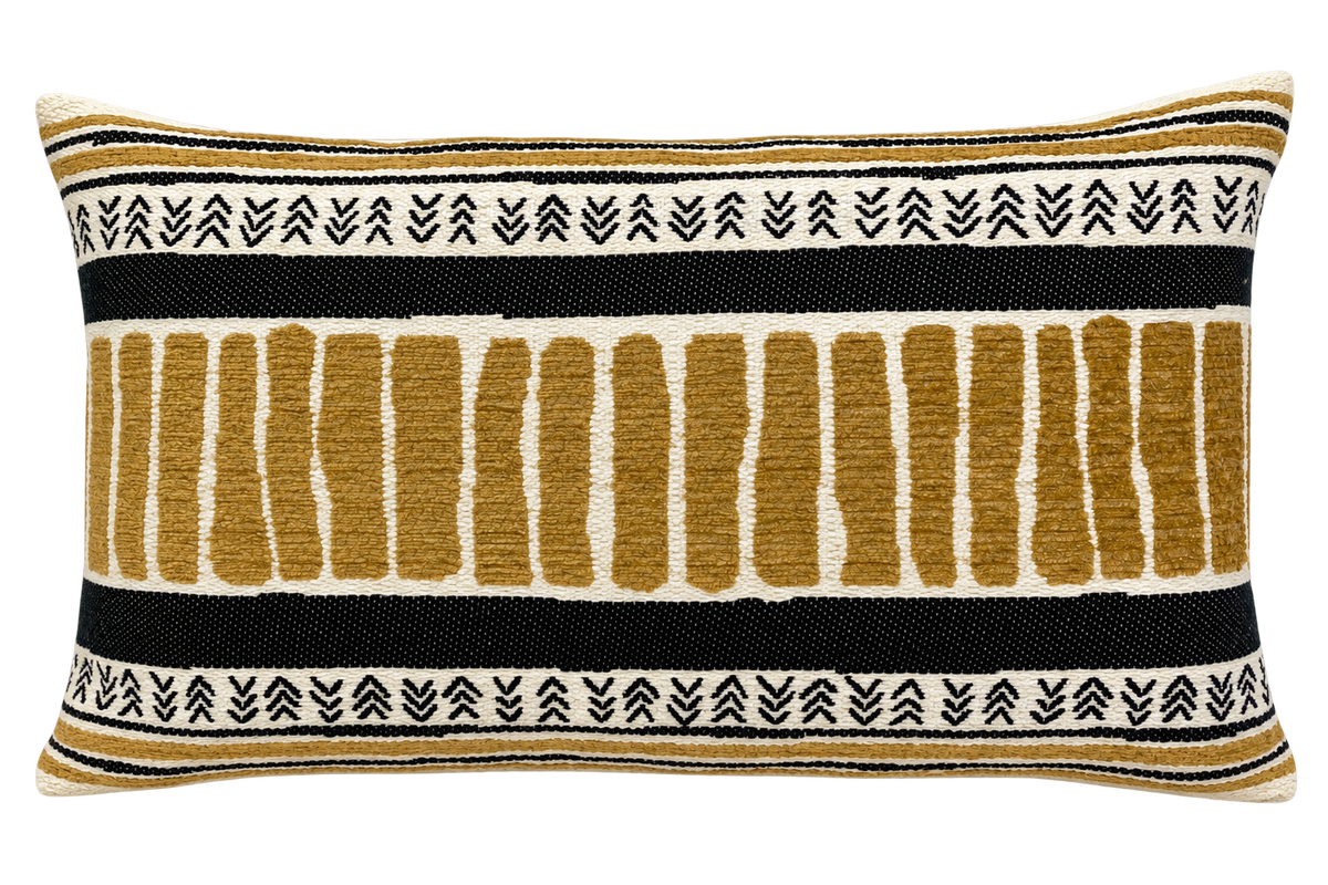 A rectangular woven throw pillow with a Southwestern-style geometric pattern in mustard yellow, black, and cream.
