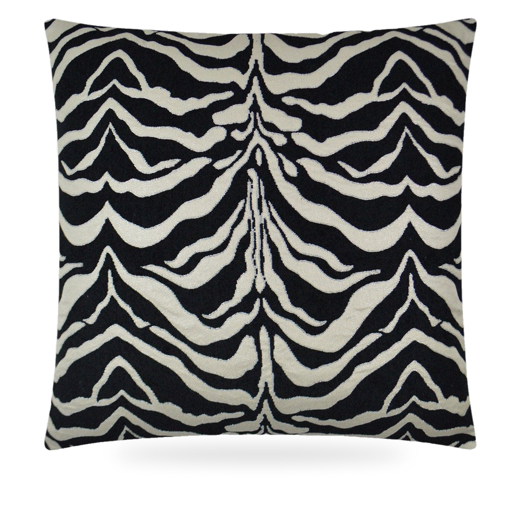 Luxury 24 x 24 black and white zebra pattern designer pillow with subtle silver metallic detailing, Safari by Kim Melrose Designer Pillows