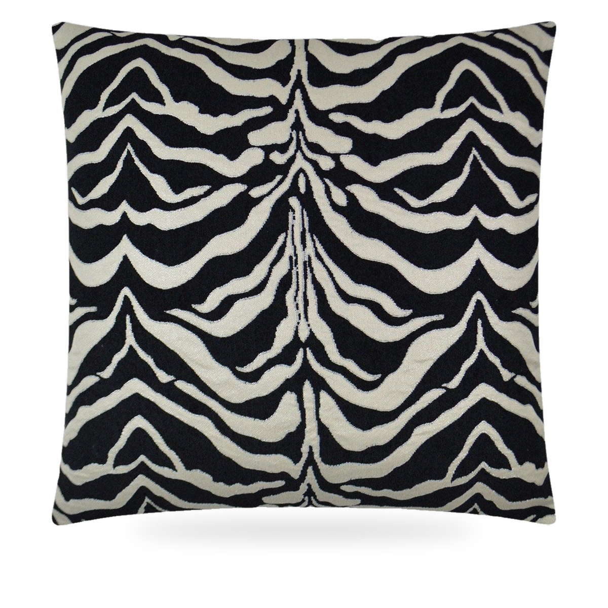 Luxury 24 x 24 black and white zebra pattern designer pillow with subtle silver metallic detailing, Safari by Kim Melrose Designer Pillows
