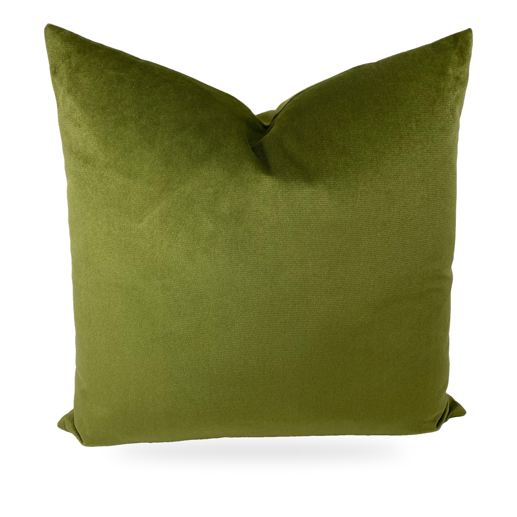Image 1 Alt Text:
Luxury 24x24 Belvedere Aloe pillow in solid aloe green velvet with plush feather and down insert, handmade in the USA