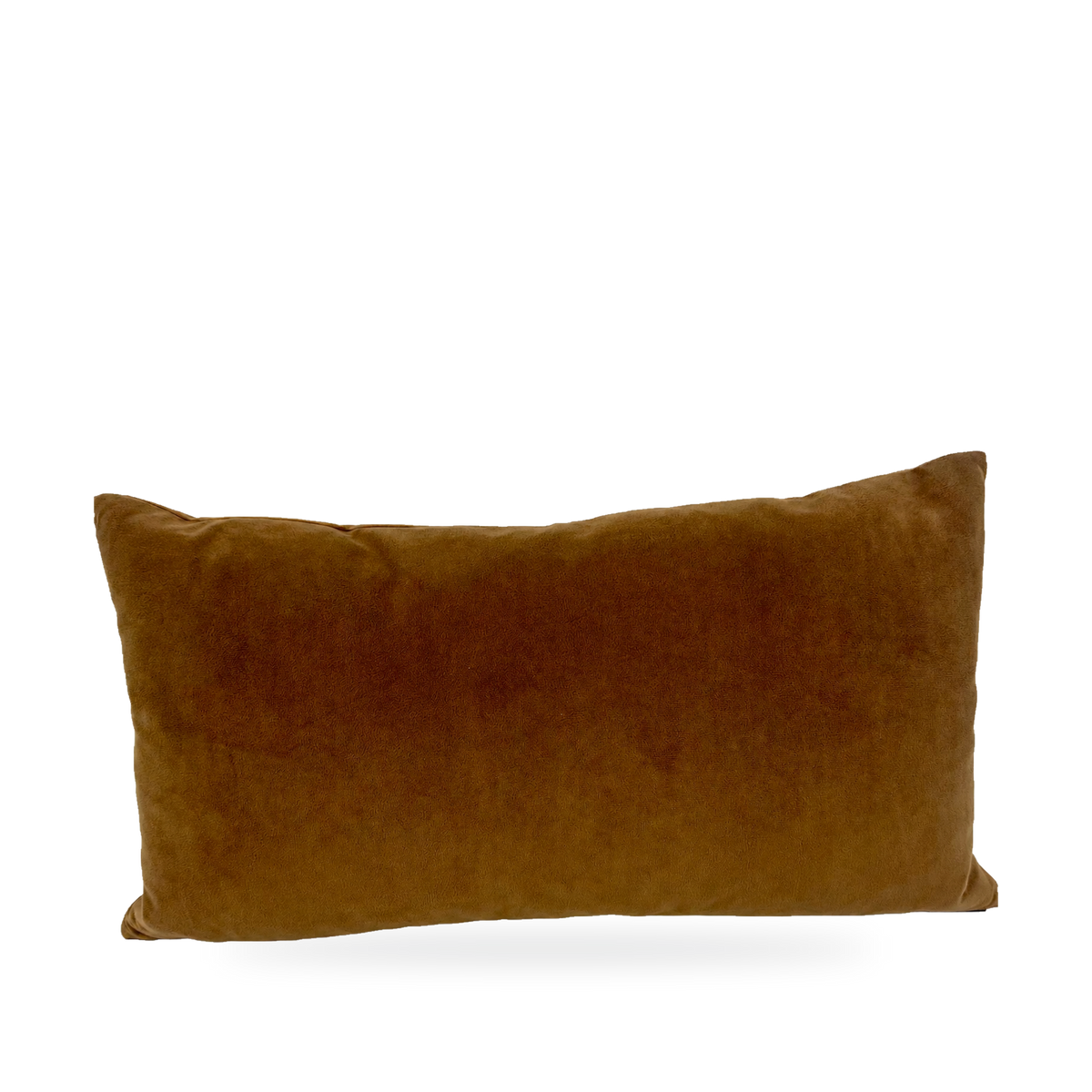 A rectangular lumbar throw pillow in a warm camel brown velvet fabric, photographed against a neutral white fabric backdrop.