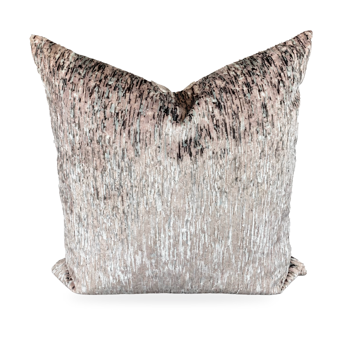 A square throw pillow featuring a textured, shimmering fabric with a vertical brushstroke pattern in metallic rose gold, silver, and black.