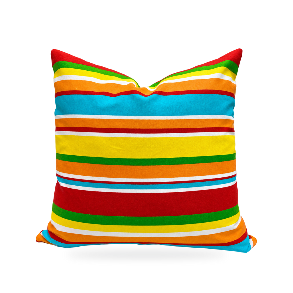 A square throw pillow with a vibrant horizontal striped pattern in red, orange, yellow, green, blue, and white, shown against a plain white background.