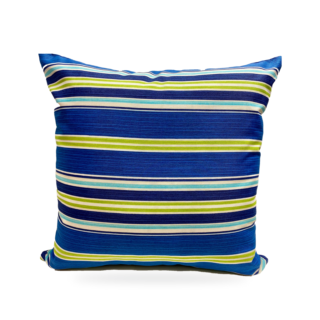 A square throw pillow with a horizontal striped pattern in royal blue, navy, lime green, light blue, and white, shown against a plain white background.