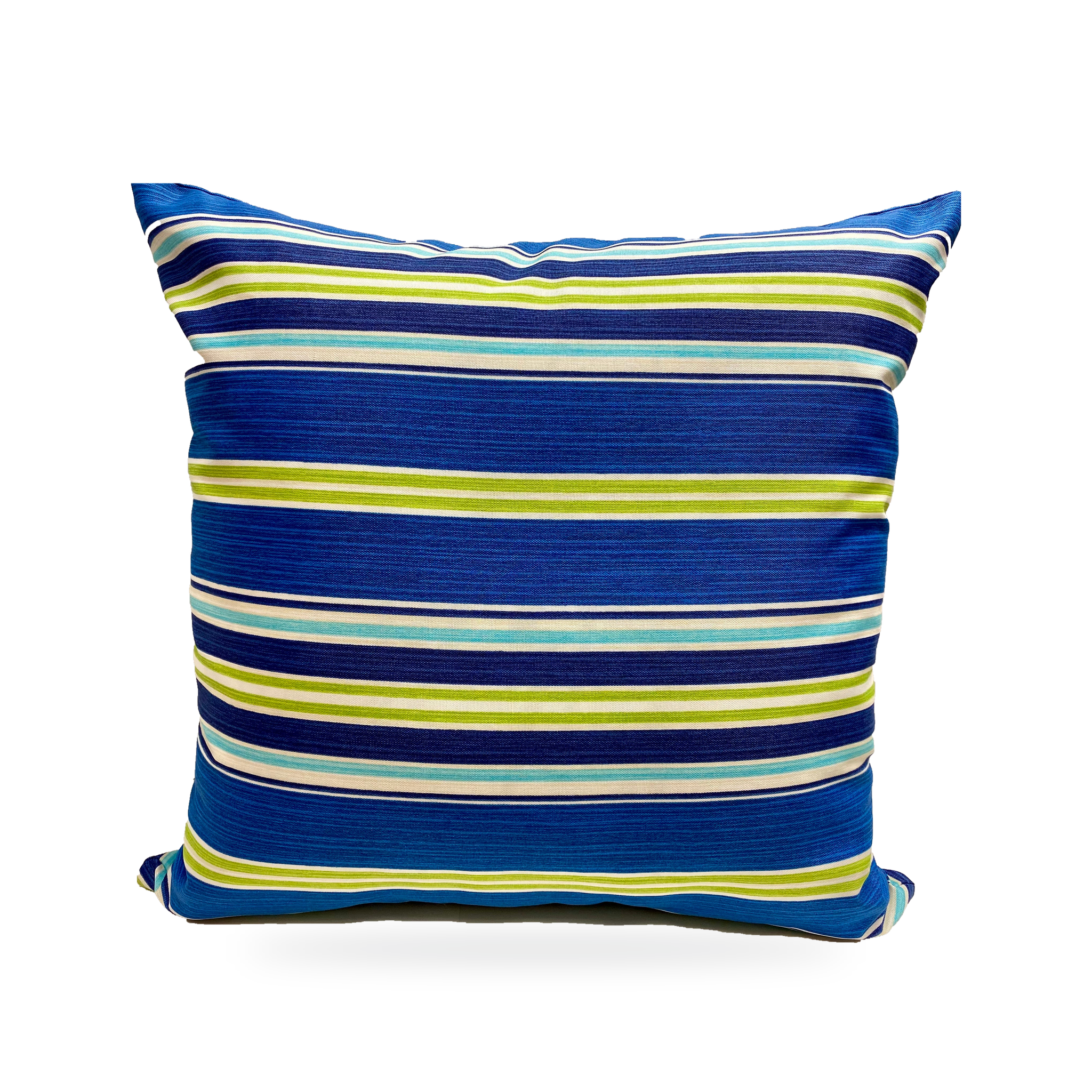 A square throw pillow with a horizontal striped pattern in royal blue, navy, lime green, light blue, and white, shown against a plain white background.