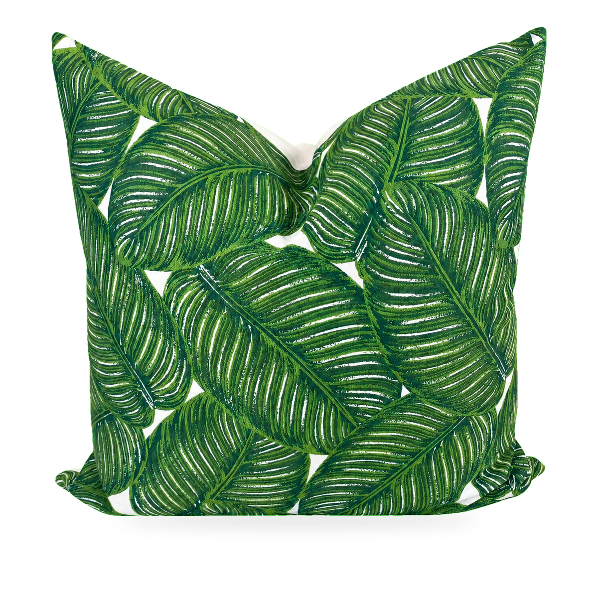 A square decorative throw pillow featuring a vibrant green tropical leaf pattern on a white background, shown against a plain white studio backdrop.