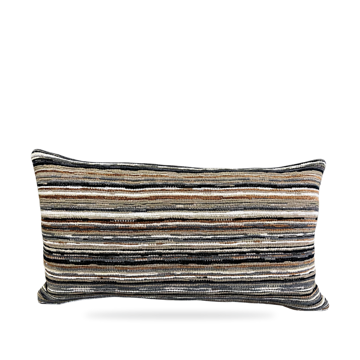 A rectangular throw pillow with a textured horizontal striped pattern in black, beige, brown, and white, shown against a plain white background.