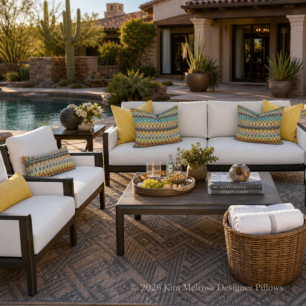 Outdoor patio furniture set arranged around a coffee table on a patterned rug in front of a poolside house. The set includes a white sofa with blue and yellow patterned pillows, two matching armchairs, a dark wood coffee table, and side tables with flowers.