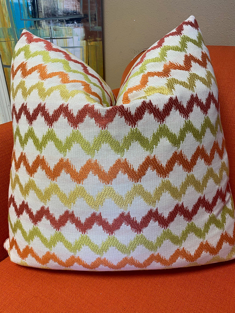 Luxury Pillow - 24" x 24" - Haiti; Colorful embroidered stripes of green, yellow, red and orange over a cream background