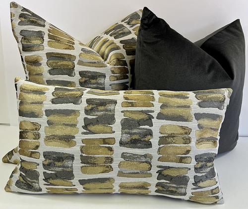 Luxury Lumbar Pillow - 24" x 14" - Palisades Lumbar-Golds & Grays in an abstract design over an off white background