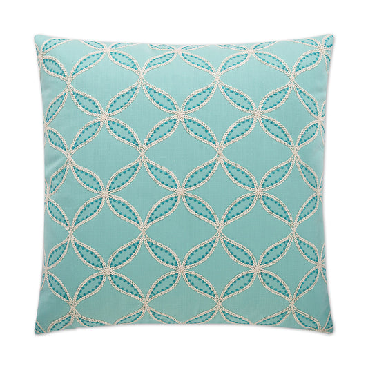 Luxury Pillow -  24" x 24" -  Tanjib-Aqua; Geometric / Spirograph floral style embroidery on aqua base