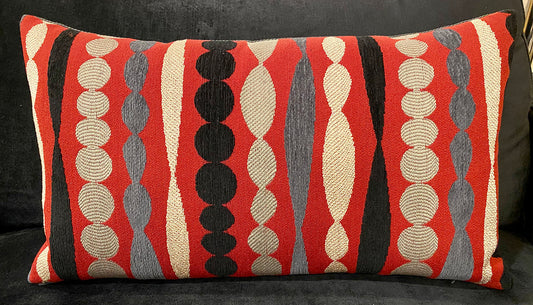 Luxury Lumbar Pillow - 24" x 14" - Big Bang-Lacquer: Modern striped pattern black, gray and white over a red background