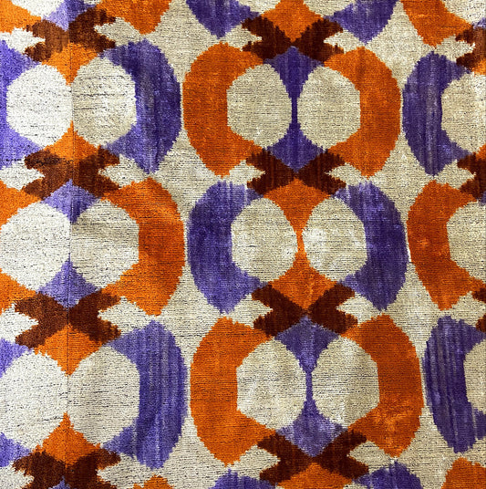 Luxury Pillow -  22" x 22" - Arabesque; Hand loomed silk in silver, purple and orange.