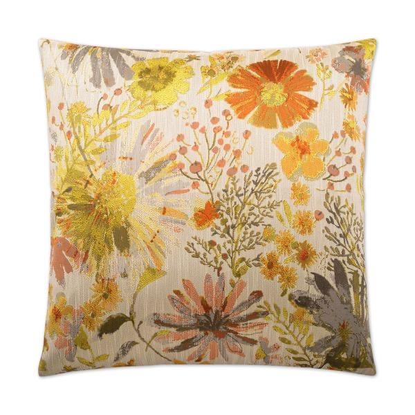 Luxury Pillow -  24" x 24" - Sweetness; Yellow, oranges, grays, golds and cream/ivory in floral pattern