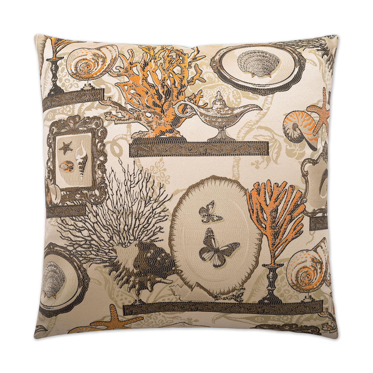 REDUCED TO CLEAR Luxury Pillow - 24" x 24" - Coral Shelf; Embroidered design of shiny browns & coral over a pearl background