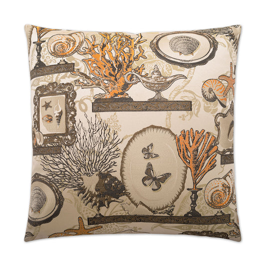 Luxury Pillow - 24" x 24" - Coral Shelf; Embroidered design of shiny browns & coral over a pearl background