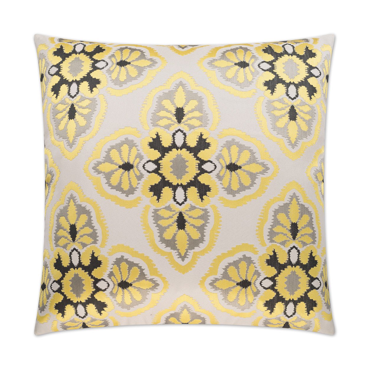 REDUCED TO CLEAR  Luxury Pillow - 24" x 24" - Mulberry; Silky canary yellow with black & gray embroidered design over a white background