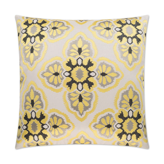 REDUCED TO CLEAR  Luxury Pillow - 24" x 24" - Mulberry; Silky canary yellow with black & gray embroidered design over a white background