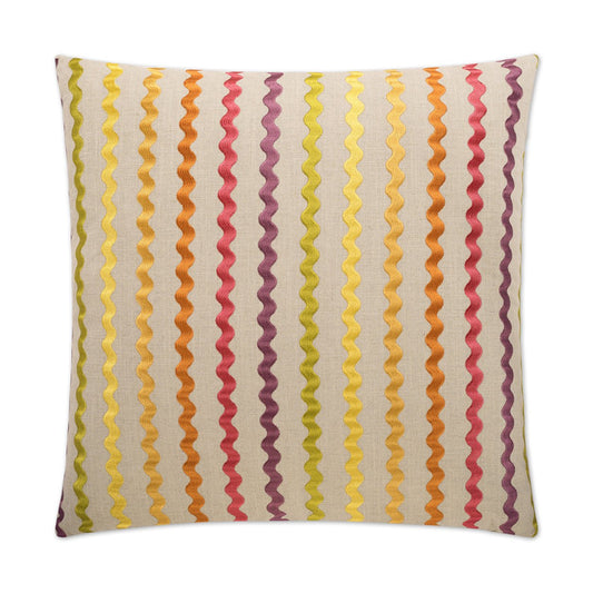 Luxury Pillow - 24” x 24” - Samba Blossom; Embroidered wavy stripes of green, yellow, orange, fuchsia and purple on a cream background