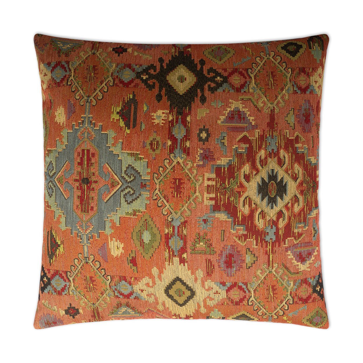 Luxury Pillow -  24" x 24" - Zantar; Orange, tan, teal, black & red in Southwestern/Moroccan design