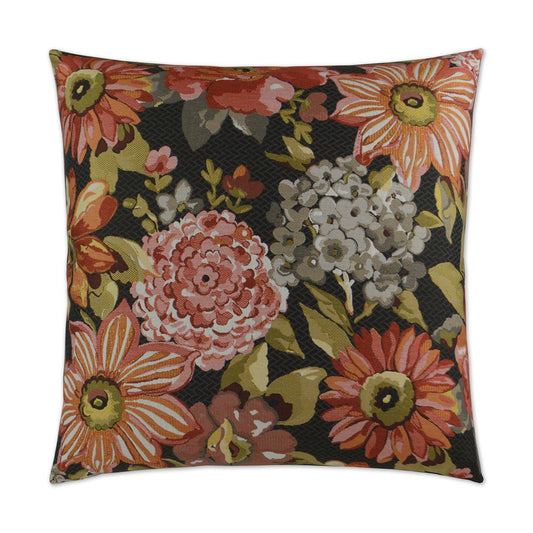 Luxury Pillow - 24" x 24" - Geranium Charcoal; Bright pinks, greens and grays over a black background