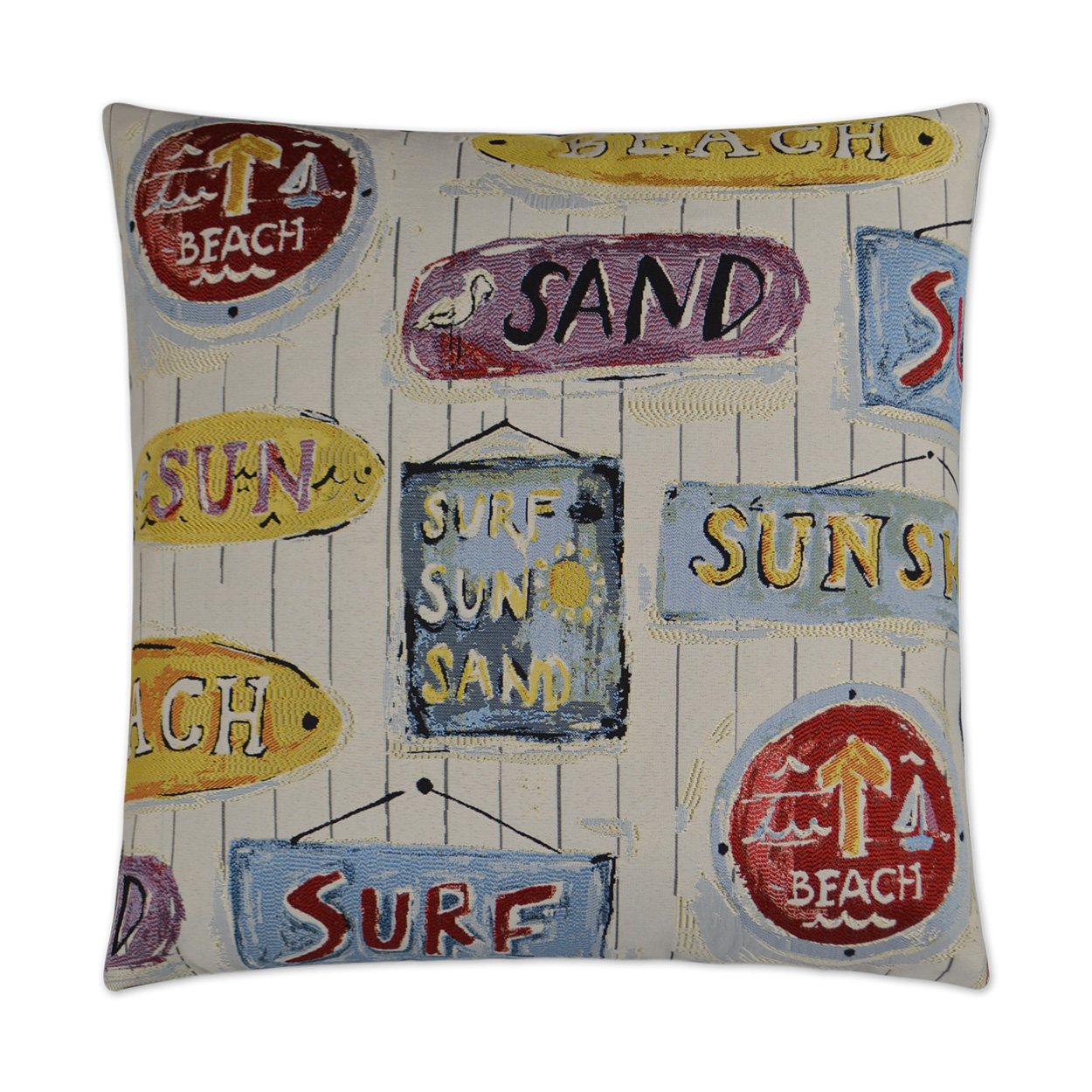 REDUCED TO CLEAR Luxury Pillow - 24” x 24” - Sunshine Stamp: Embroidered coastal signs in red, purple, blues & yellows on a striped cream background