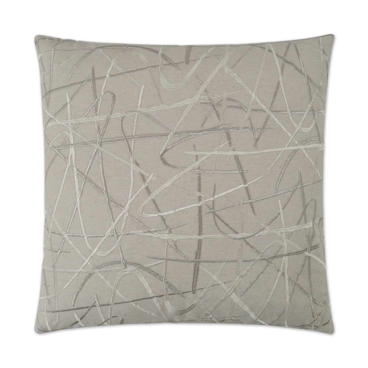 Luxury Pillow - 24" x 24" - Scribble Silver; Shiny embroidered silver and white scribble design over a linen color background