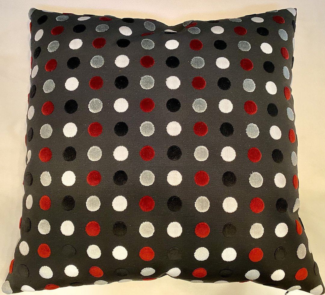 REDUCED TO CLEAR Luxury Pillow -  24" x 24" - Disco Night; red, silver, black and white velvet dots on a black background.