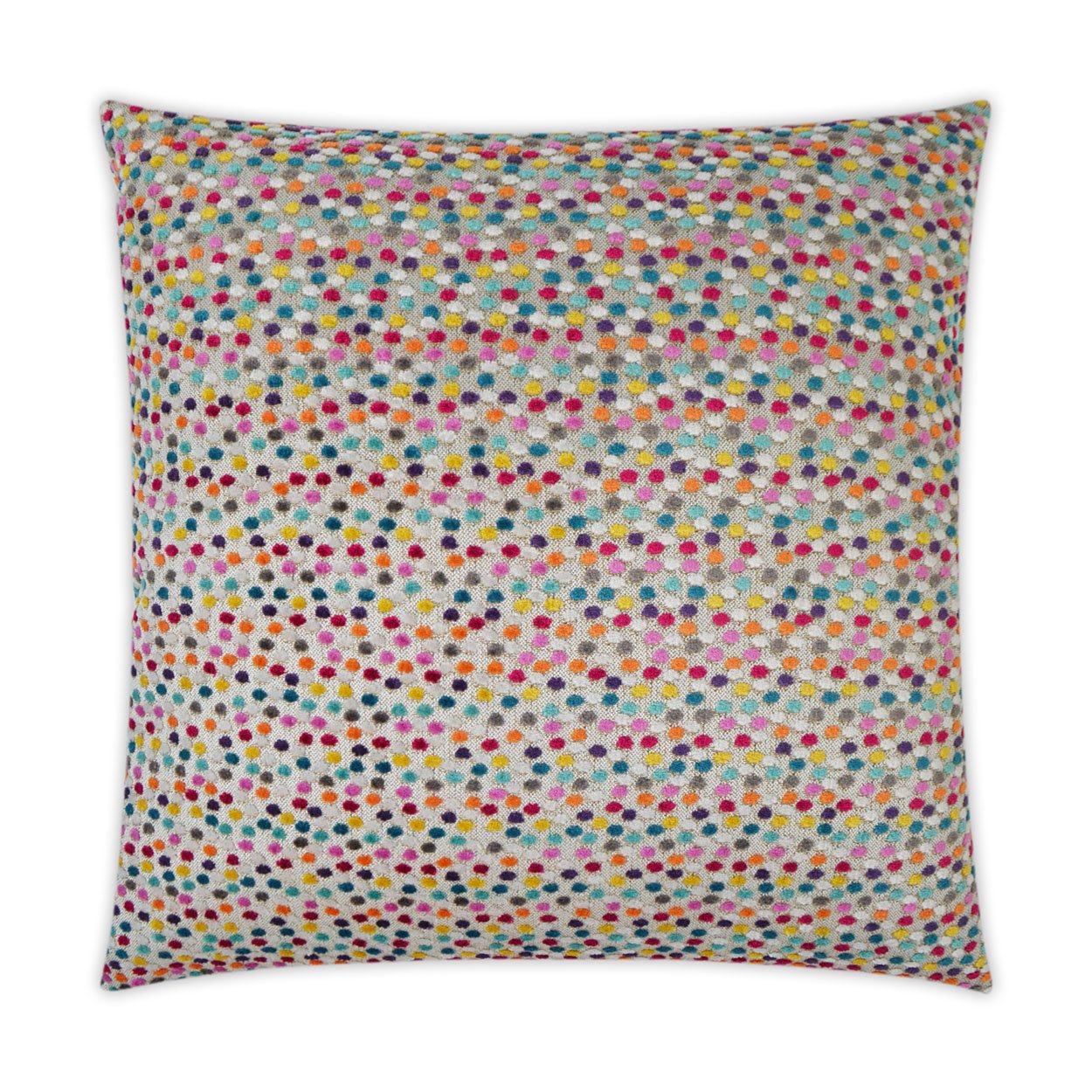 Luxury Pillow - 24” x 24” - Bacchus; Chenile dots of red, fuchsia, teal, purple, yellow & blue on a pearl background