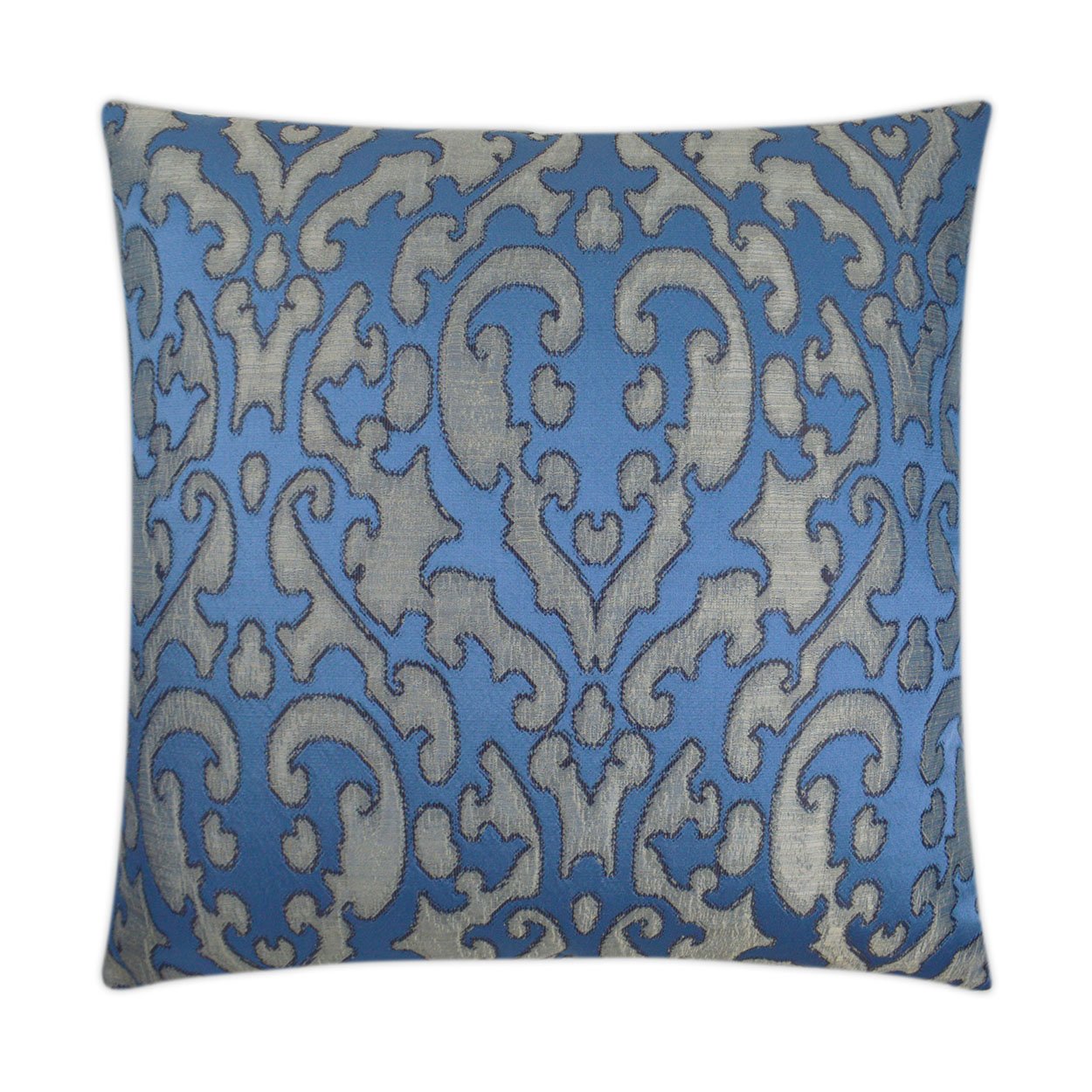 Luxury Pillow - 24” x 24” - Bokhara Bluestone; Bright silky blue fabric over a shiny silver/gray background